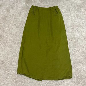 Flax Midi Skirt Size Small 100% Linen Olive Green Elastic Waist Slit Casual